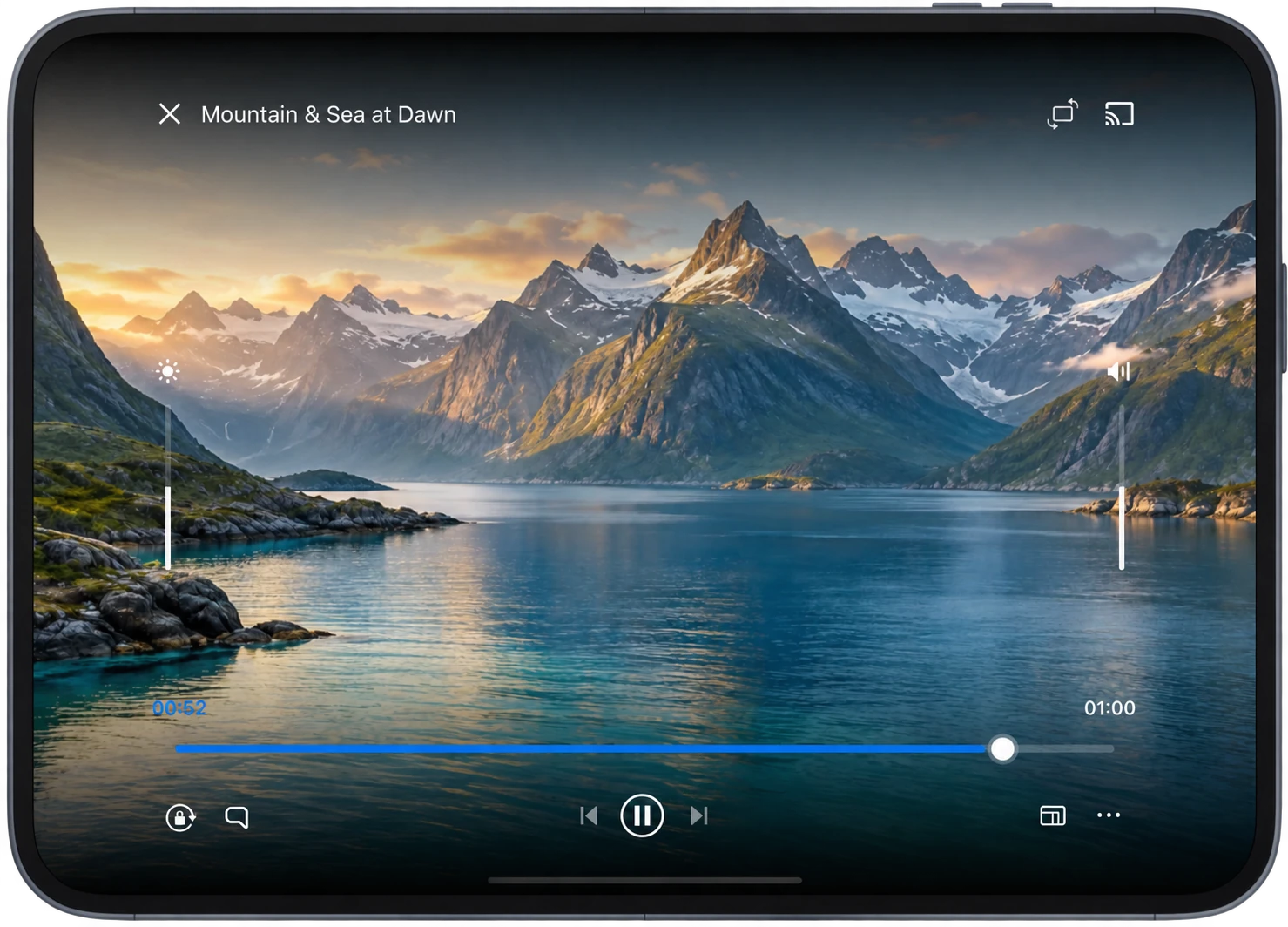 Perfilm playing video across an unfolded iPhone Duo, with a timeline, playback controls, subtitles and aspect ratio controls